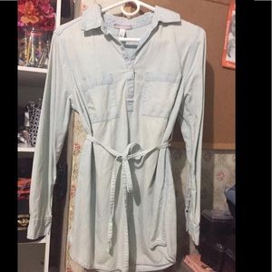 Blue White denim dress long sleeved with pockets